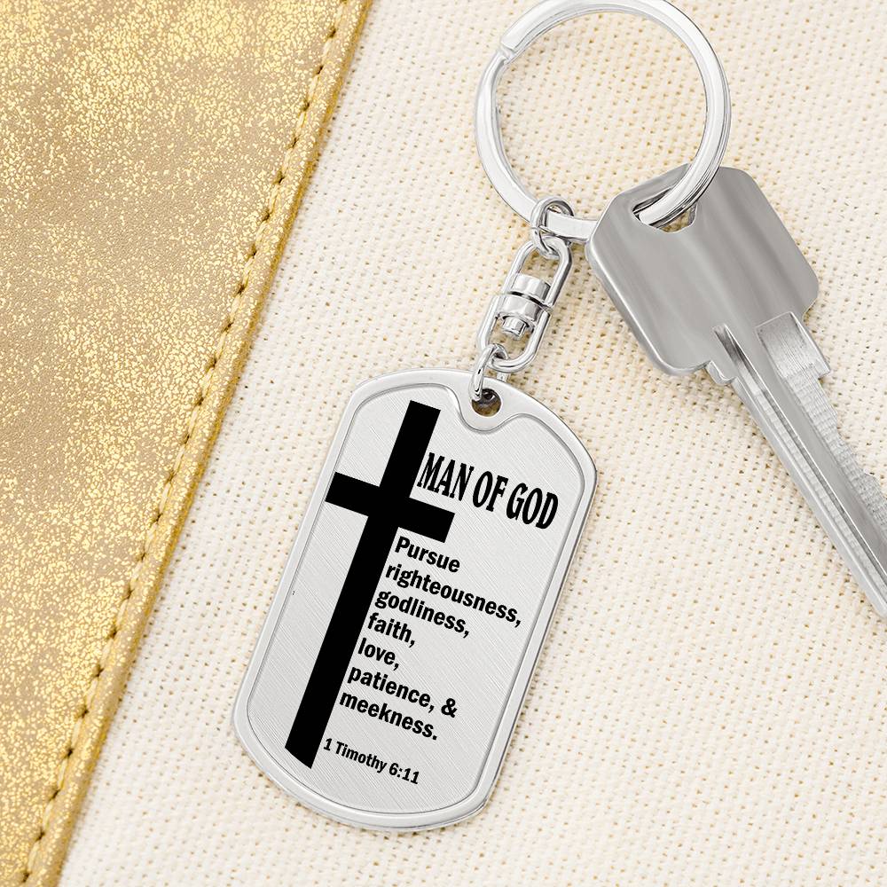 Man of God Pursuing 1 Timothy 6:11 Bible Keychain Stainless Steel or 18k Gold Dog Tag-Express Your Love Gifts