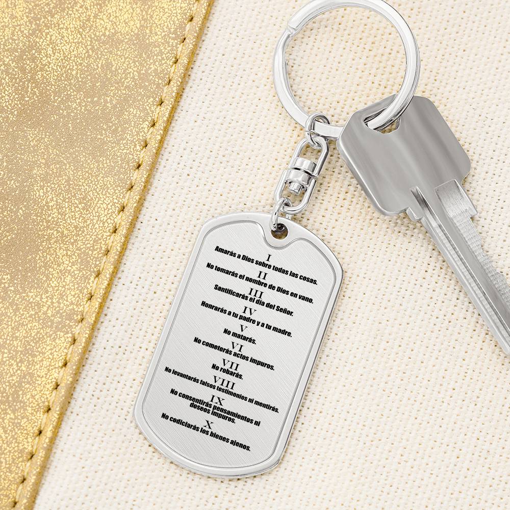 Ten Commandments Spanish Diez Mandamientos Bible Keychain Stainless Steel or 18k Gold Dog Tag-Express Your Love Gifts