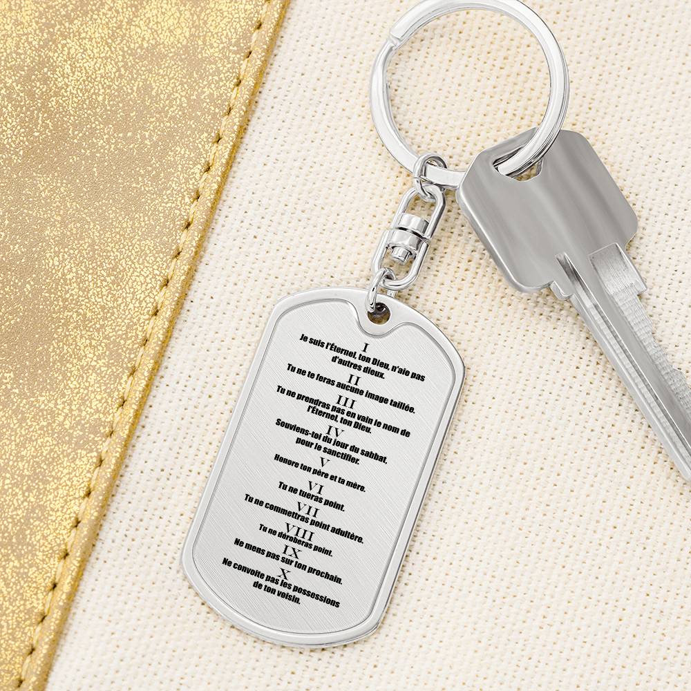 Ten Commandments French Dix Commandements Bible Keychain Stainless Steel or 18k Gold Dog Tag-Express Your Love Gifts