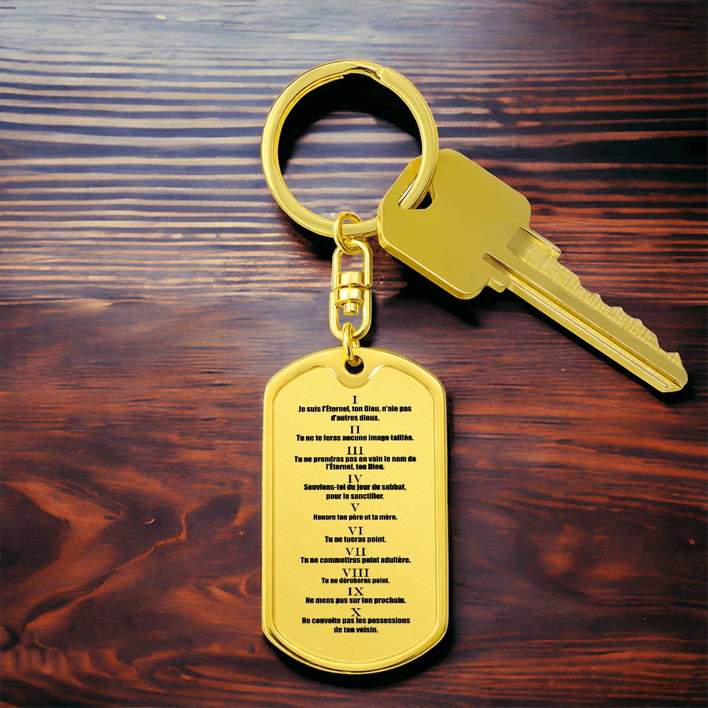 Ten Commandments French Dix Commandements Bible Keychain Stainless Steel or 18k Gold Dog Tag-Express Your Love Gifts