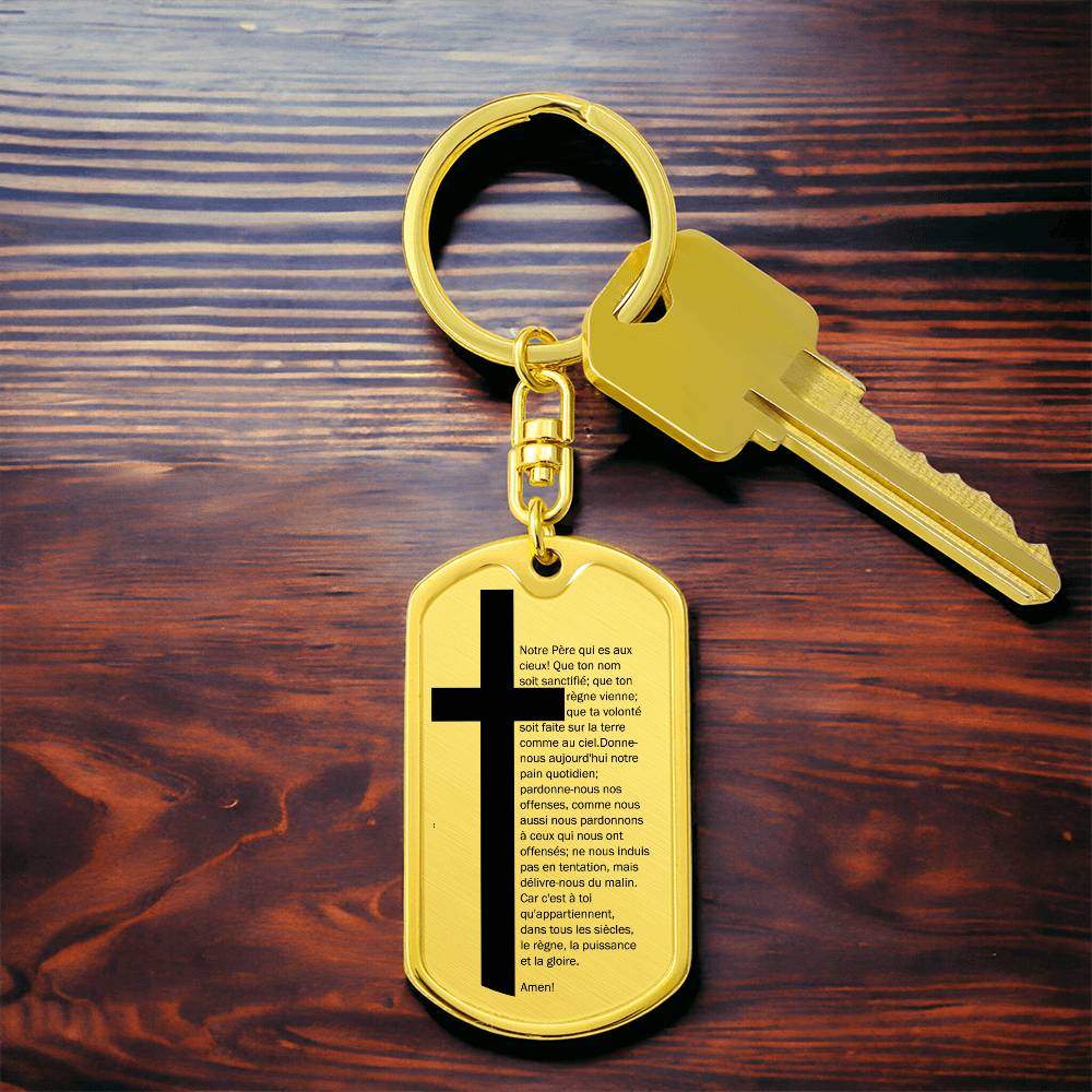 Lord's Prayer French Notre Père Bible Keychain Stainless Steel or 18k Gold Dog Tag-Express Your Love Gifts