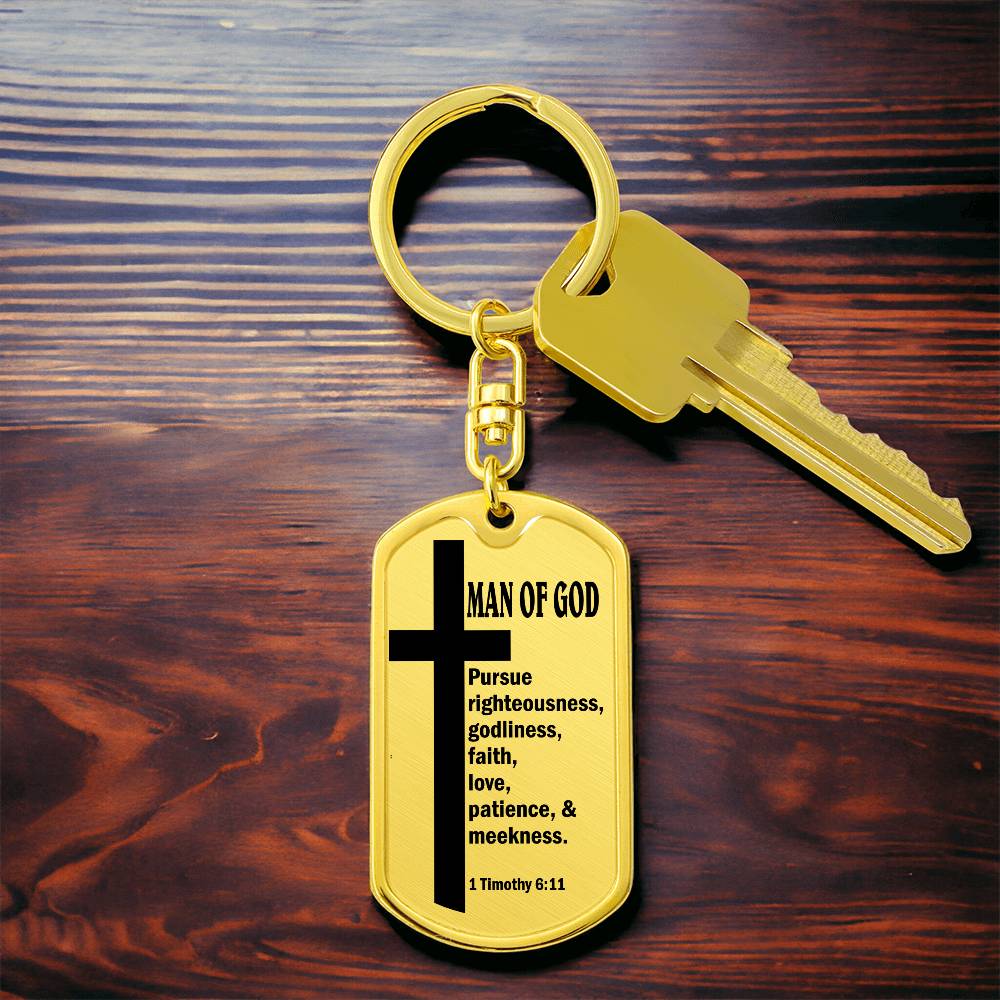 Man of God Pursuing 1 Timothy 6:11 Bible Keychain Stainless Steel or 18k Gold Dog Tag-Express Your Love Gifts