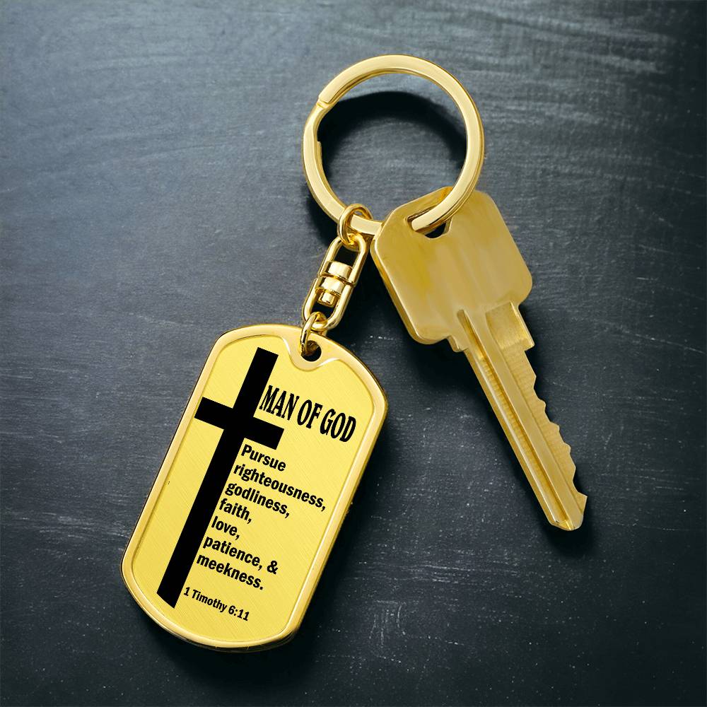 Man of God Pursuing 1 Timothy 6:11 Bible Keychain Stainless Steel or 18k Gold Dog Tag-Express Your Love Gifts