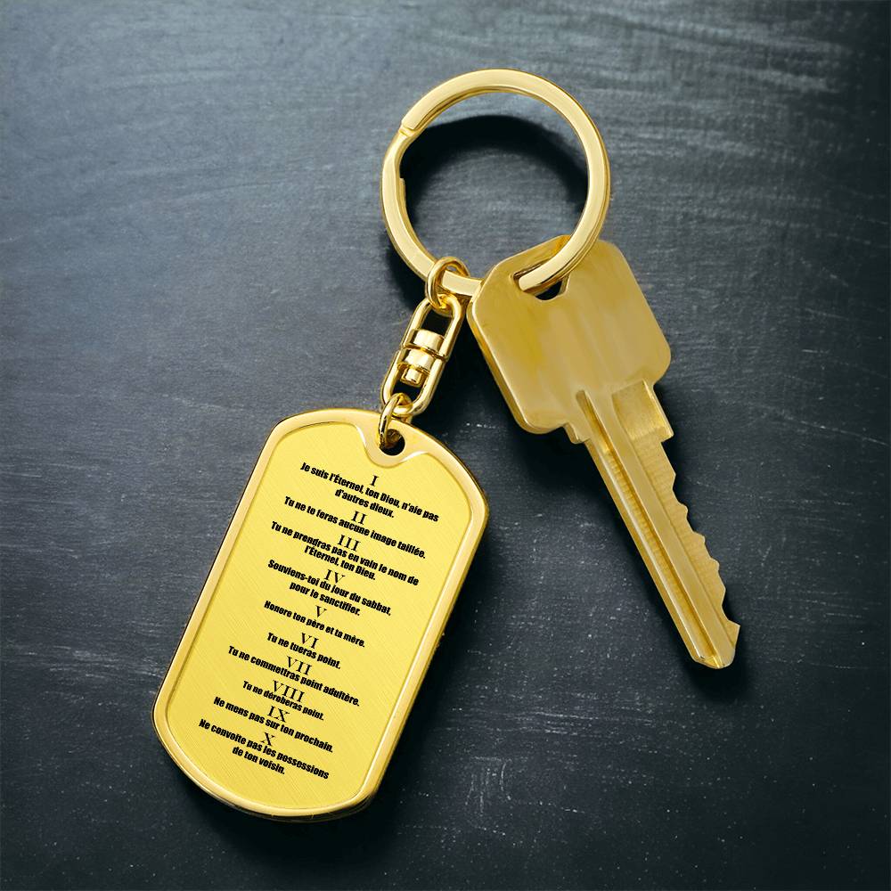 Ten Commandments French Dix Commandements Bible Keychain Stainless Steel or 18k Gold Dog Tag-Express Your Love Gifts