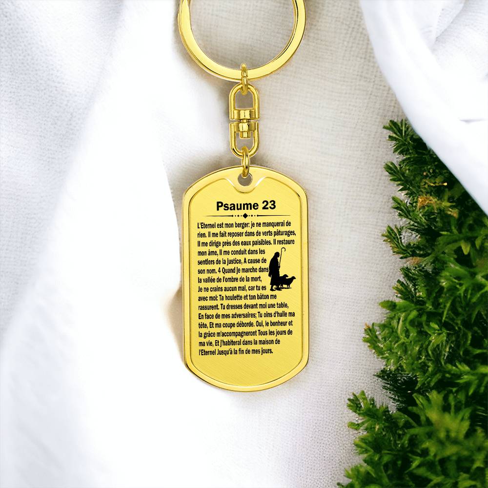 Psalm 23 French Psaume 23 Bible Keychain Stainless Steel or 18k Gold Dog Tag-Express Your Love Gifts