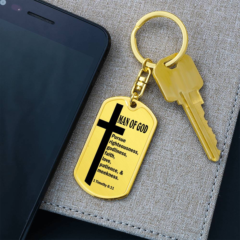 Man of God Pursuing 1 Timothy 6:11 Bible Keychain Stainless Steel or 18k Gold Dog Tag-Express Your Love Gifts