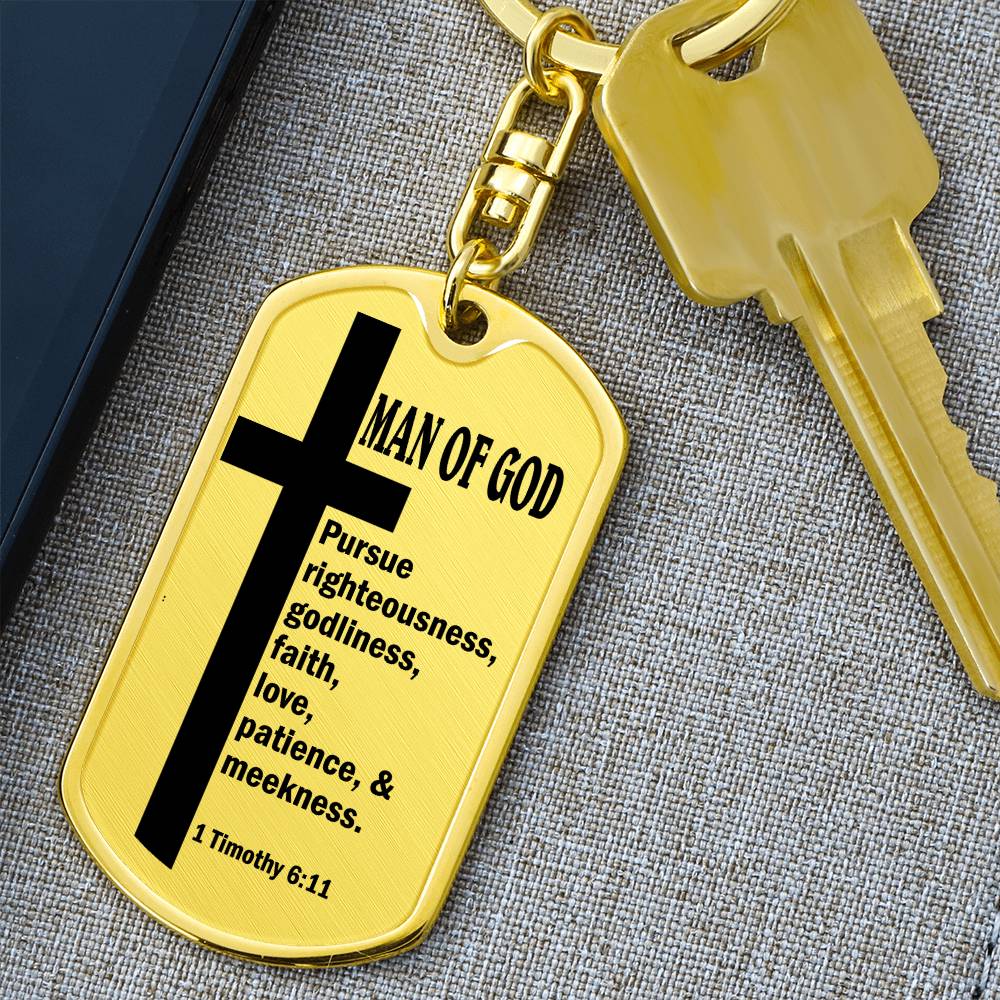 Man of God Pursuing 1 Timothy 6:11 Bible Keychain Stainless Steel or 18k Gold Dog Tag-Express Your Love Gifts