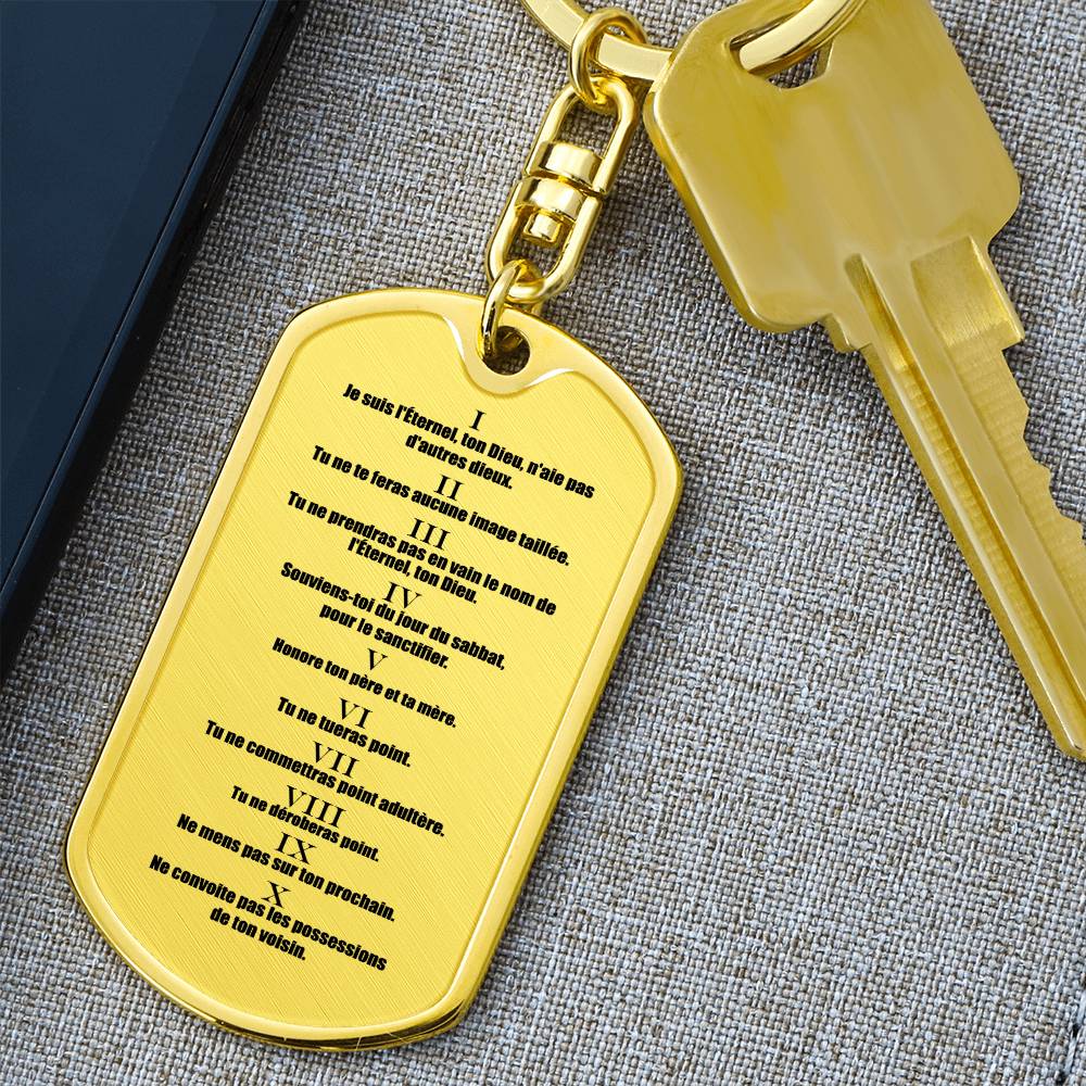 Ten Commandments French Dix Commandements Bible Keychain Stainless Steel or 18k Gold Dog Tag-Express Your Love Gifts