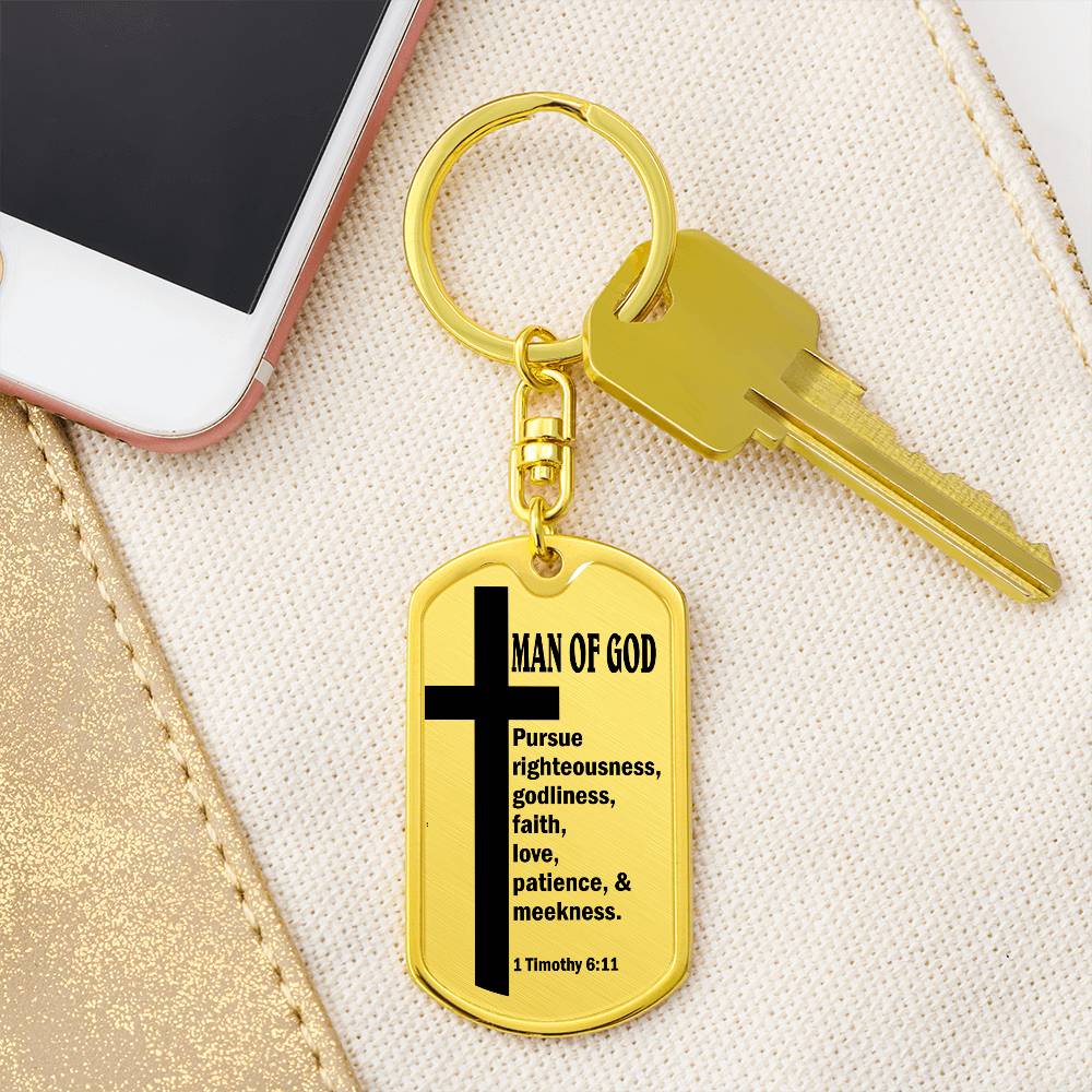 Man of God Pursuing 1 Timothy 6:11 Bible Keychain Stainless Steel or 18k Gold Dog Tag-Express Your Love Gifts