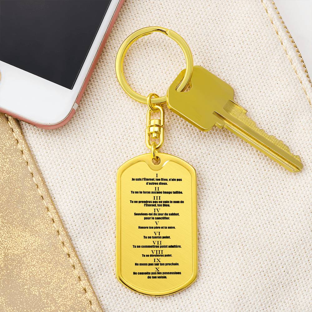 Ten Commandments French Dix Commandements Bible Keychain Stainless Steel or 18k Gold Dog Tag-Express Your Love Gifts