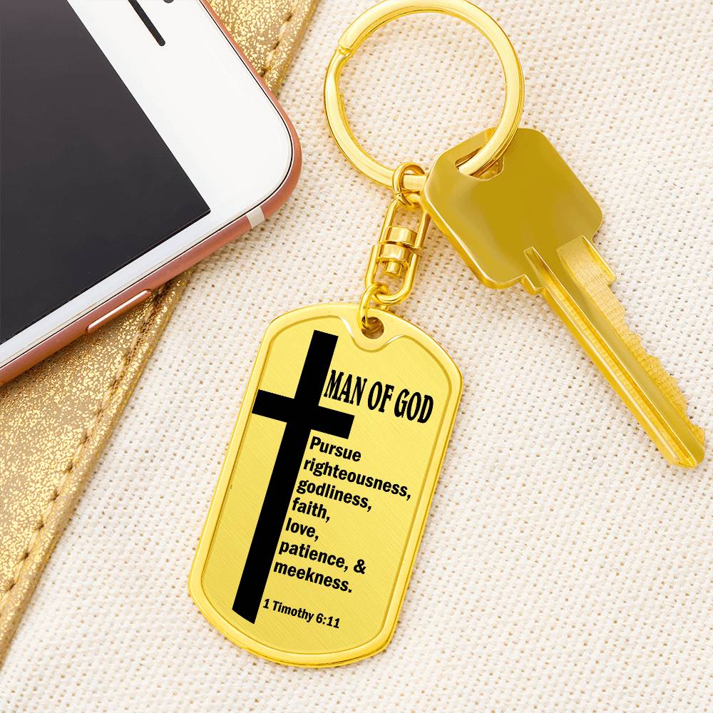 Man of God Pursuing 1 Timothy 6:11 Bible Keychain Stainless Steel or 18k Gold Dog Tag-Express Your Love Gifts