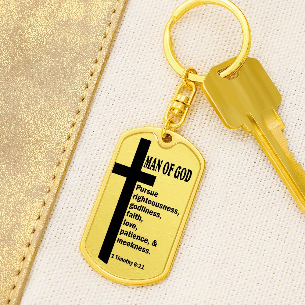 Man of God Pursuing 1 Timothy 6:11 Bible Keychain Stainless Steel or 18k Gold Dog Tag-Express Your Love Gifts