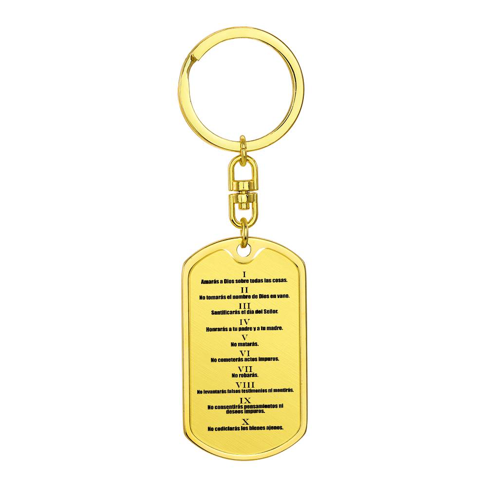 Ten Commandments Spanish Diez Mandamientos Bible Keychain Stainless Steel or 18k Gold Dog Tag