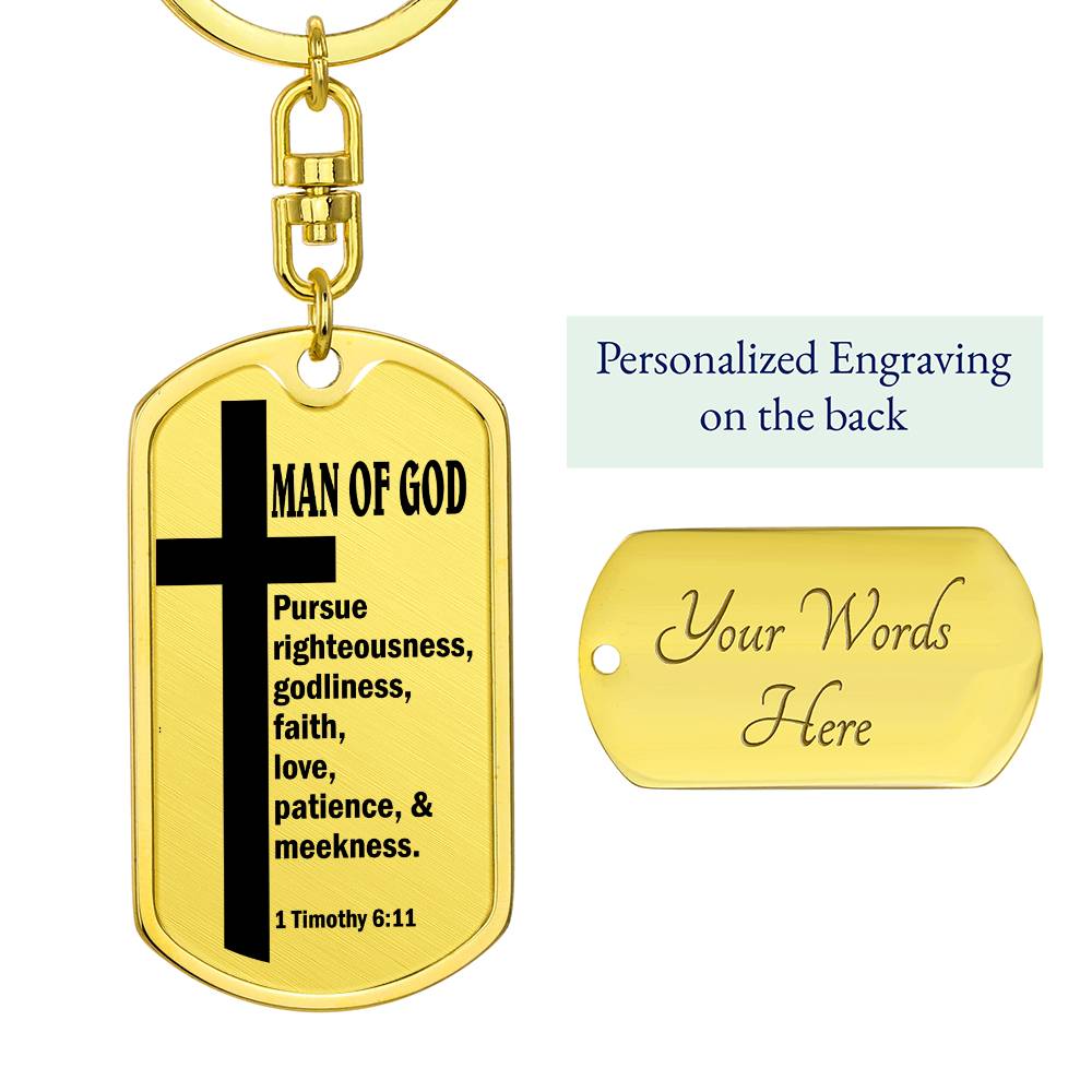 Man of God Pursuing 1 Timothy 6:11 Bible Keychain Stainless Steel or 18k Gold Dog Tag-Express Your Love Gifts