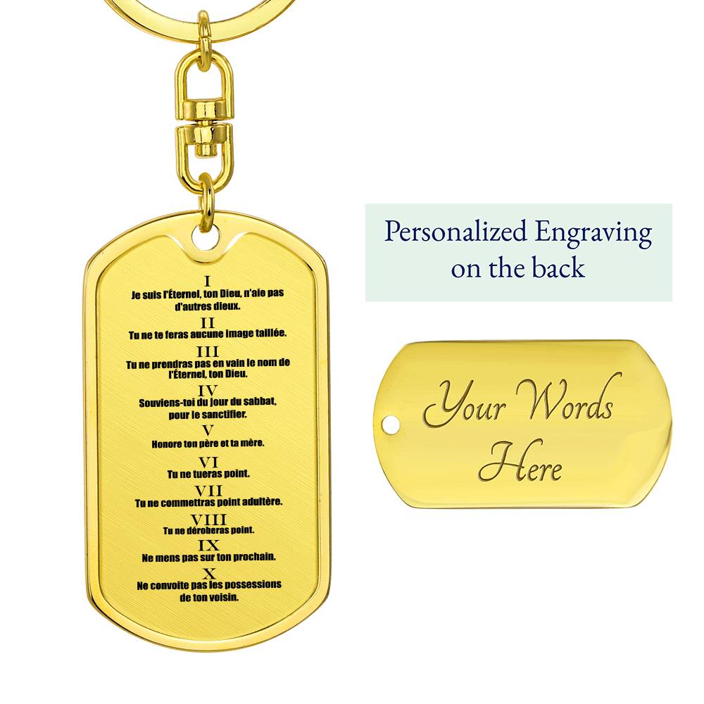 Ten Commandments French Dix Commandements Bible Keychain Stainless Steel or 18k Gold Dog Tag-Express Your Love Gifts