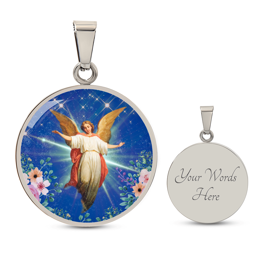Guardian Angel Premium Circle Pendant Necklace with Adjustable 18-22" Chain in Stainless Steel or 18k Gold