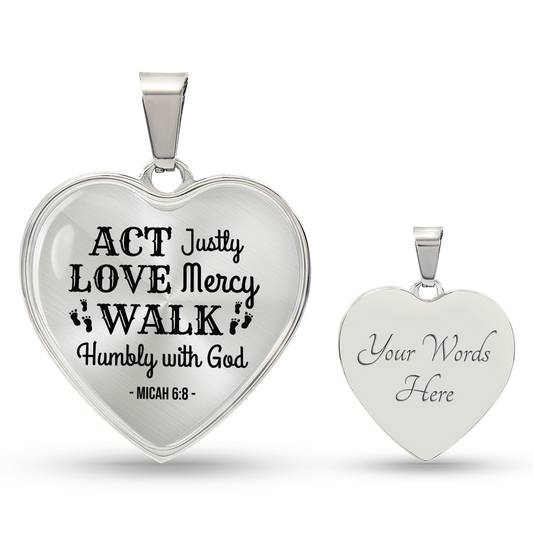 Christian Faith ActLoveHumble with God Necklace Stainless Steel or 18k Gold Heart Pendant 18-22"