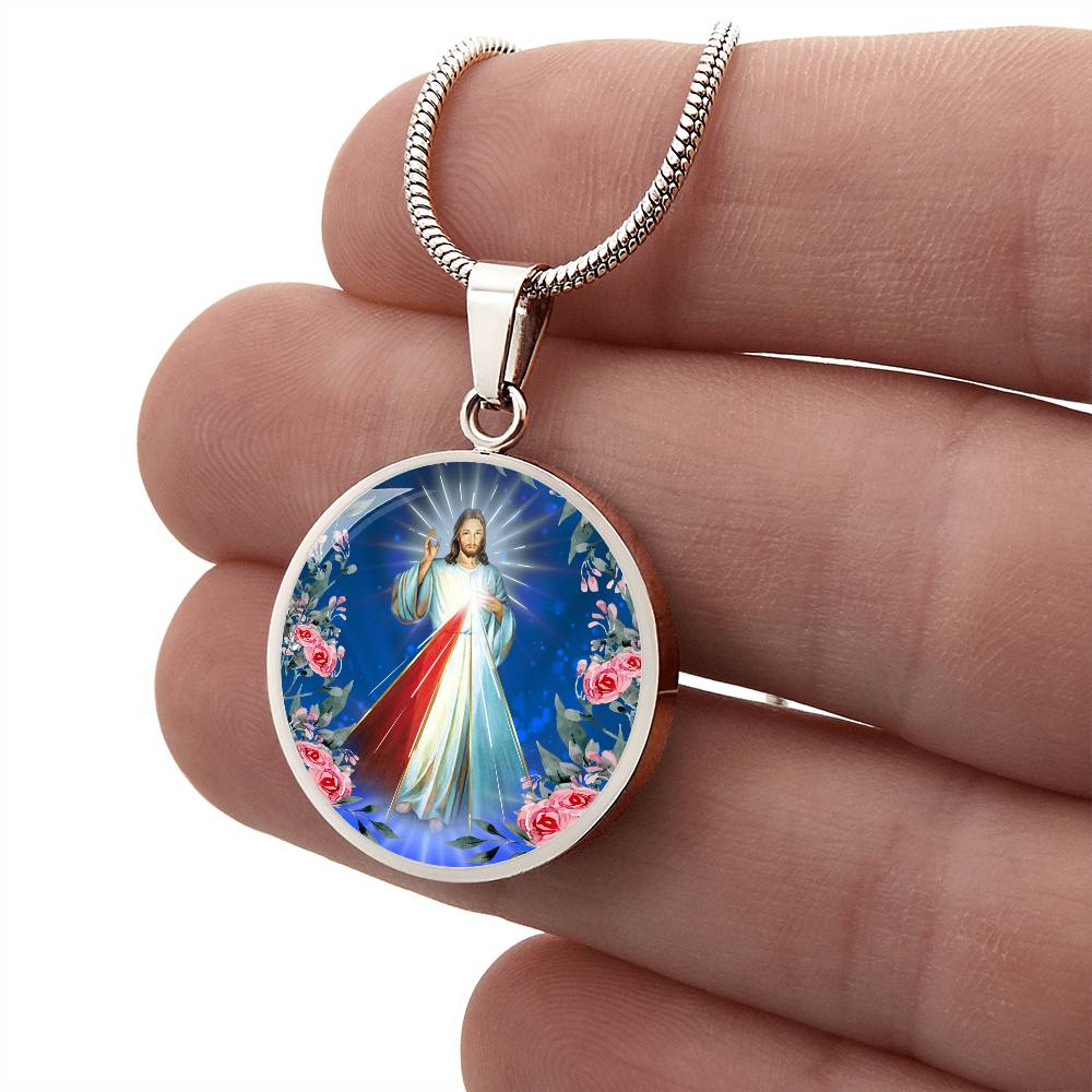 Divine Mercy Circle Pendant Necklace Premium Stainless Steel or 18k Gold Finish 18-22"