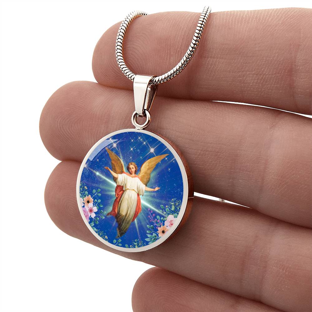 Guardian Angel Premium Circle Pendant Necklace with Adjustable 18-22" Chain in Stainless Steel or 18k Gold