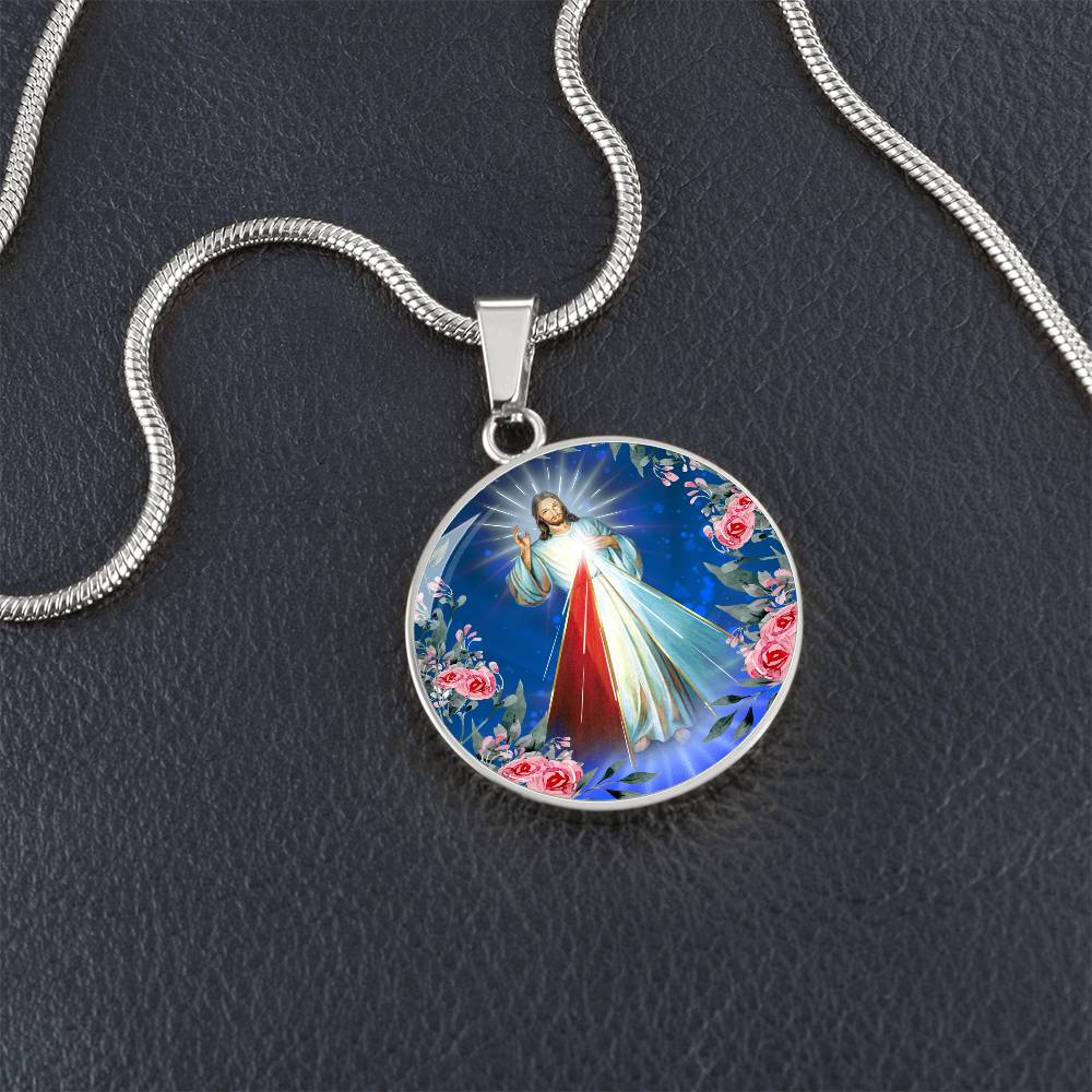 Divine Mercy Circle Pendant Necklace Premium Stainless Steel or 18k Gold Finish 18-22"