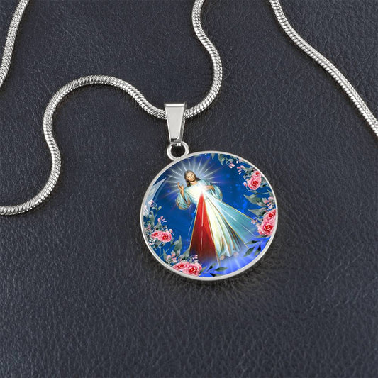 Divine Mercy Circle Pendant Necklace Premium Stainless Steel or 18k Gold Finish 18-22"