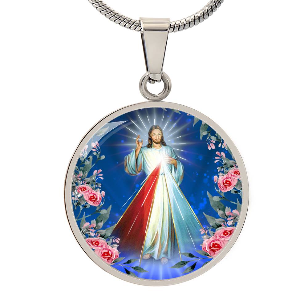 Divine Mercy Circle Pendant Necklace Premium Stainless Steel or 18k Gold Finish 18-22"