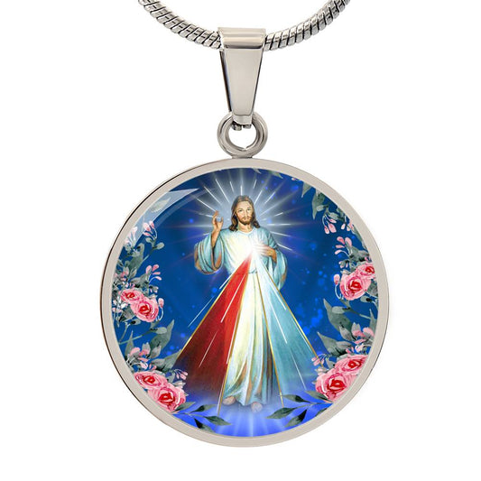 Divine Mercy Circle Pendant Necklace Premium Stainless Steel or 18k Gold Finish 18-22"