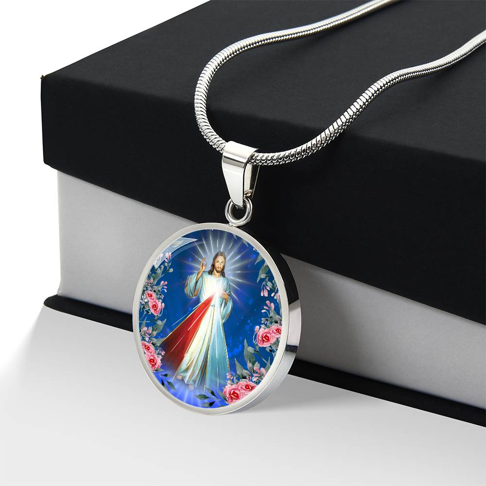 Divine Mercy Circle Pendant Necklace Premium Stainless Steel or 18k Gold Finish 18-22"