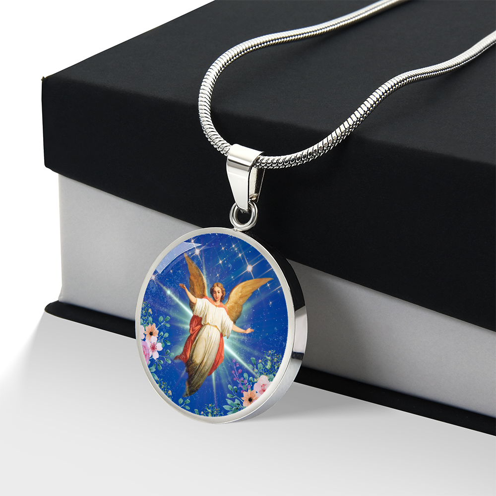 Guardian Angel Premium Circle Pendant Necklace with Adjustable 18-22" Chain in Stainless Steel or 18k Gold