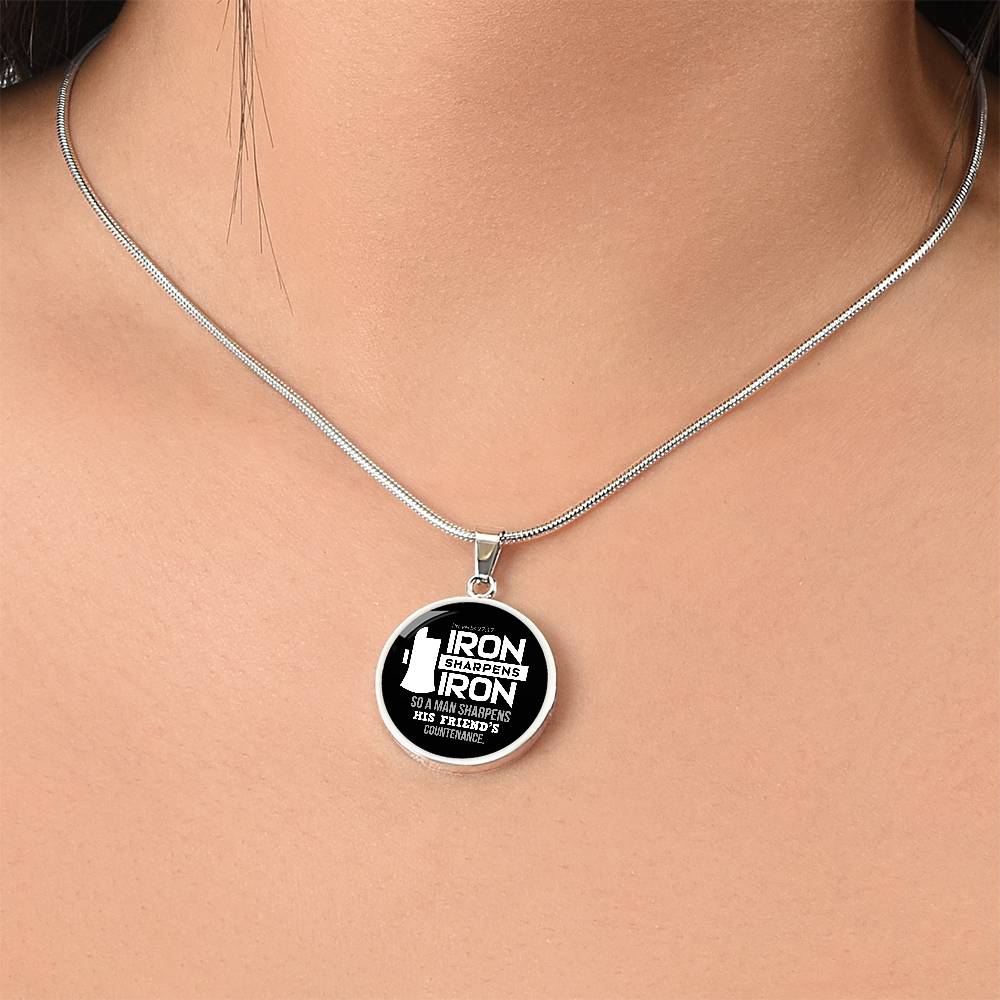 Iron Sharpens Iron Proverbs 27:17 Circle Pendant Stainless Steel or 18k Gold 18-22"