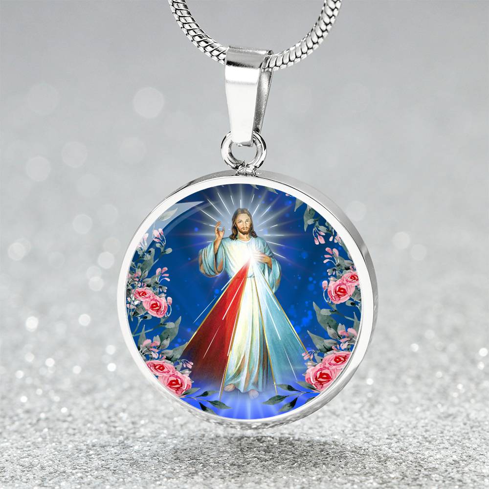 Divine Mercy Circle Pendant Necklace Premium Stainless Steel or 18k Gold Finish 18-22"