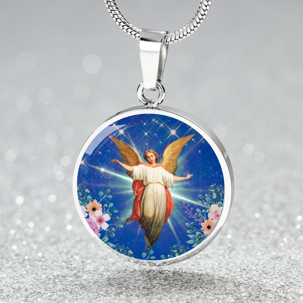 Guardian Angel Premium Circle Pendant Necklace with Adjustable 18-22" Chain in Stainless Steel or 18k Gold