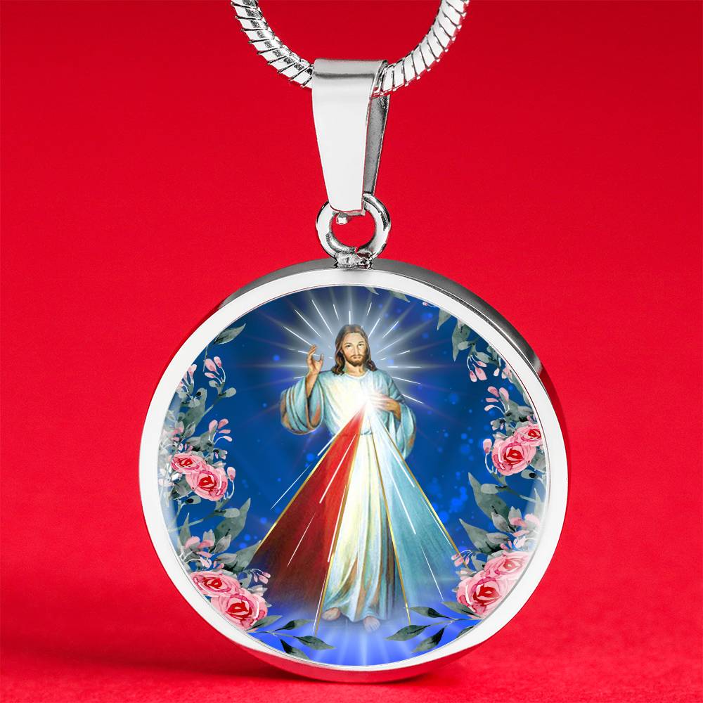 Divine Mercy Circle Pendant Necklace Premium Stainless Steel or 18k Gold Finish 18-22"