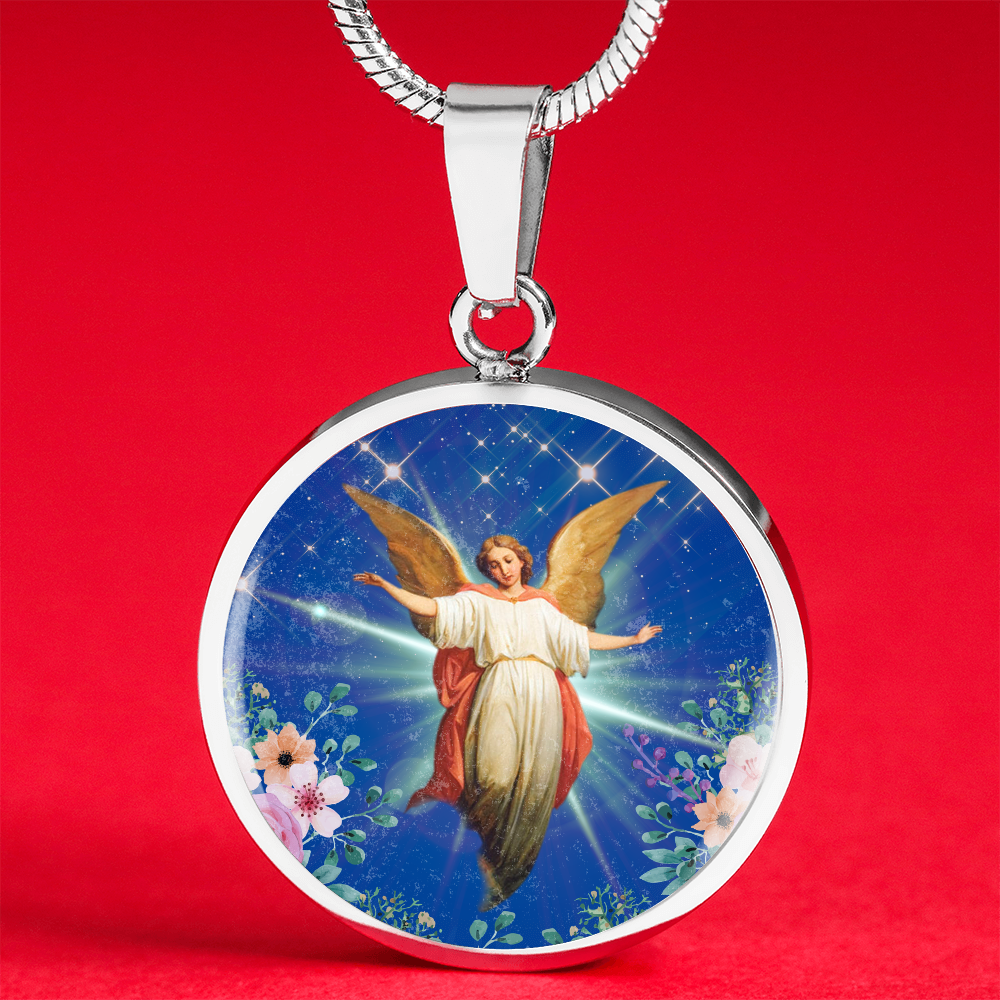 Guardian Angel Premium Circle Pendant Necklace with Adjustable 18-22" Chain in Stainless Steel or 18k Gold