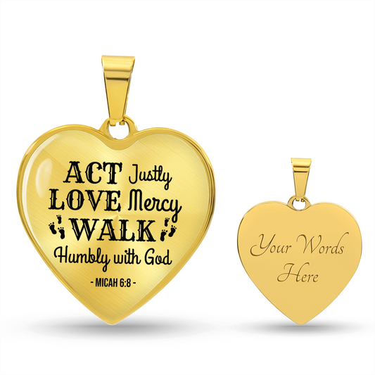 Christian Faith ActLoveHumble with God Necklace Stainless Steel or 18k Gold Heart Pendant 18-22"