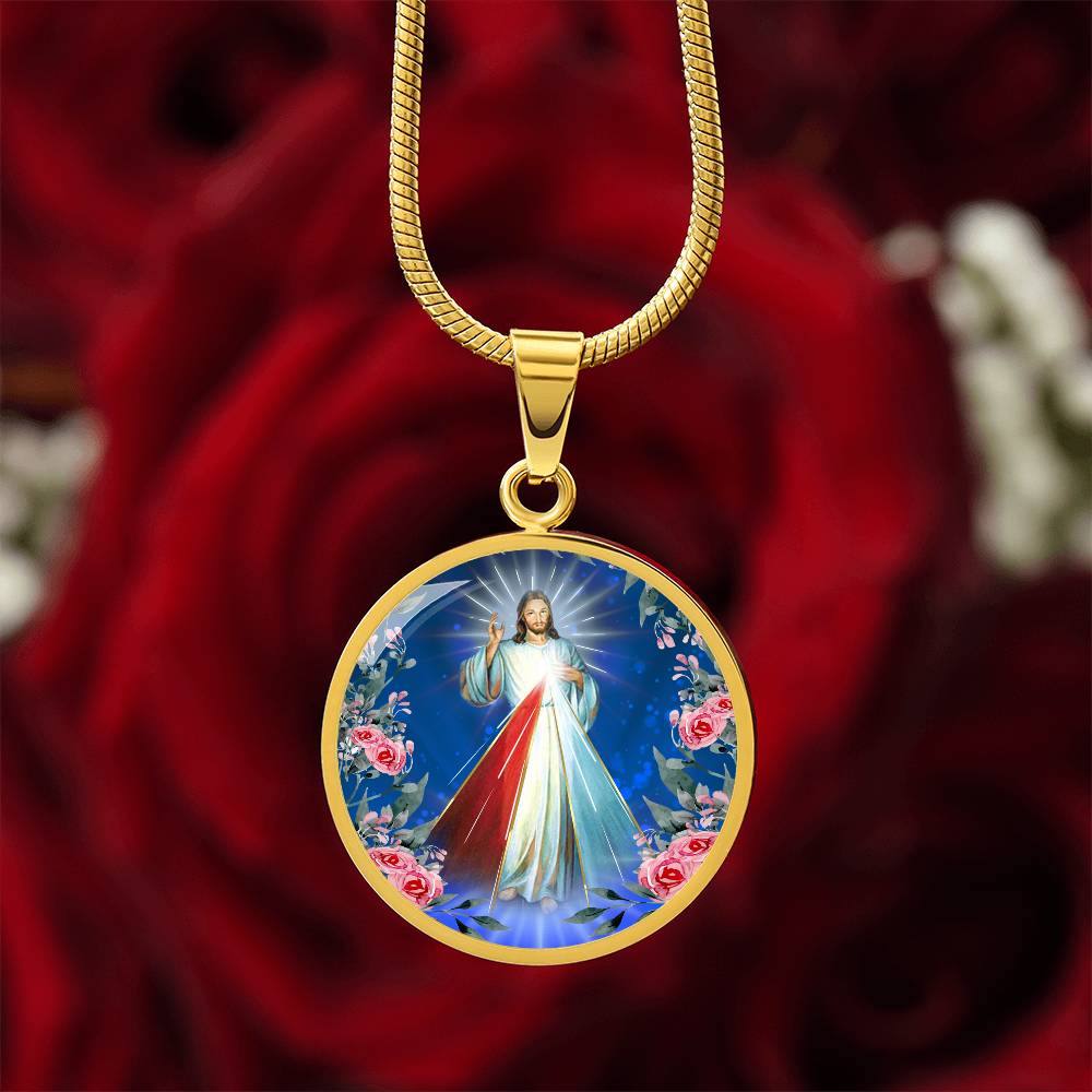 Divine Mercy Circle Pendant Necklace Premium Stainless Steel or 18k Gold Finish 18-22"