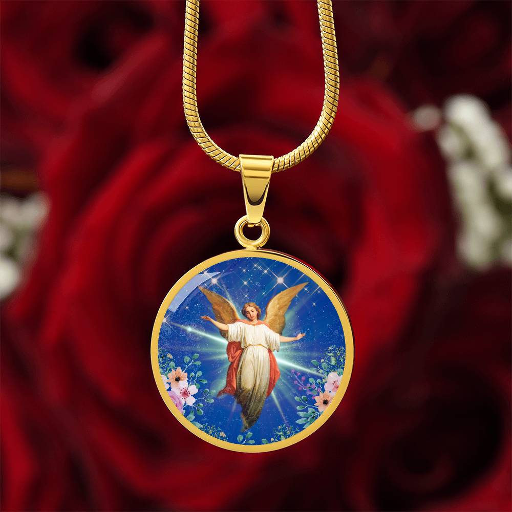 Guardian Angel Premium Circle Pendant Necklace with Adjustable 18-22" Chain in Stainless Steel or 18k Gold