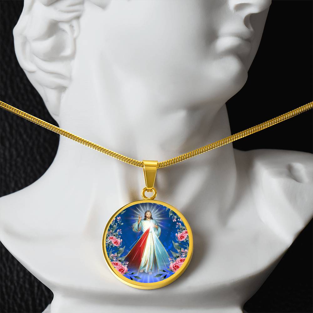 Divine Mercy Circle Pendant Necklace Premium Stainless Steel or 18k Gold Finish 18-22"