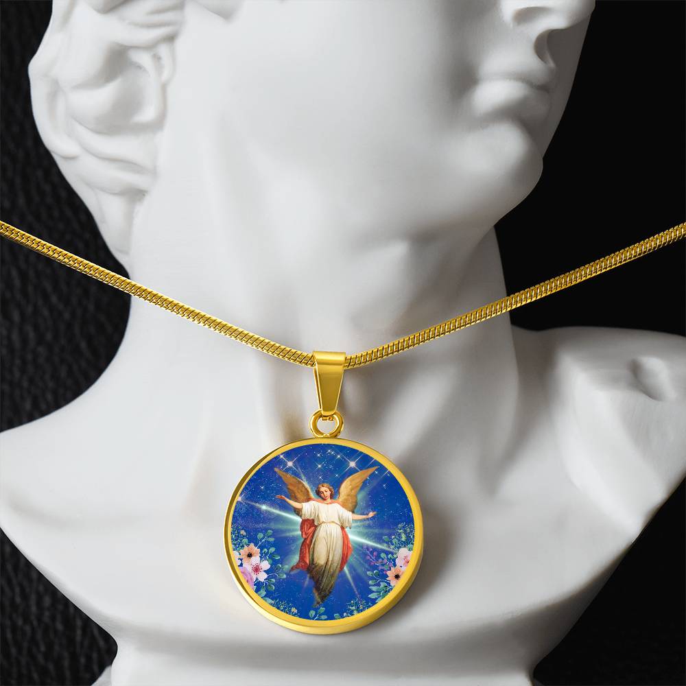 Guardian Angel Premium Circle Pendant Necklace with Adjustable 18-22" Chain in Stainless Steel or 18k Gold