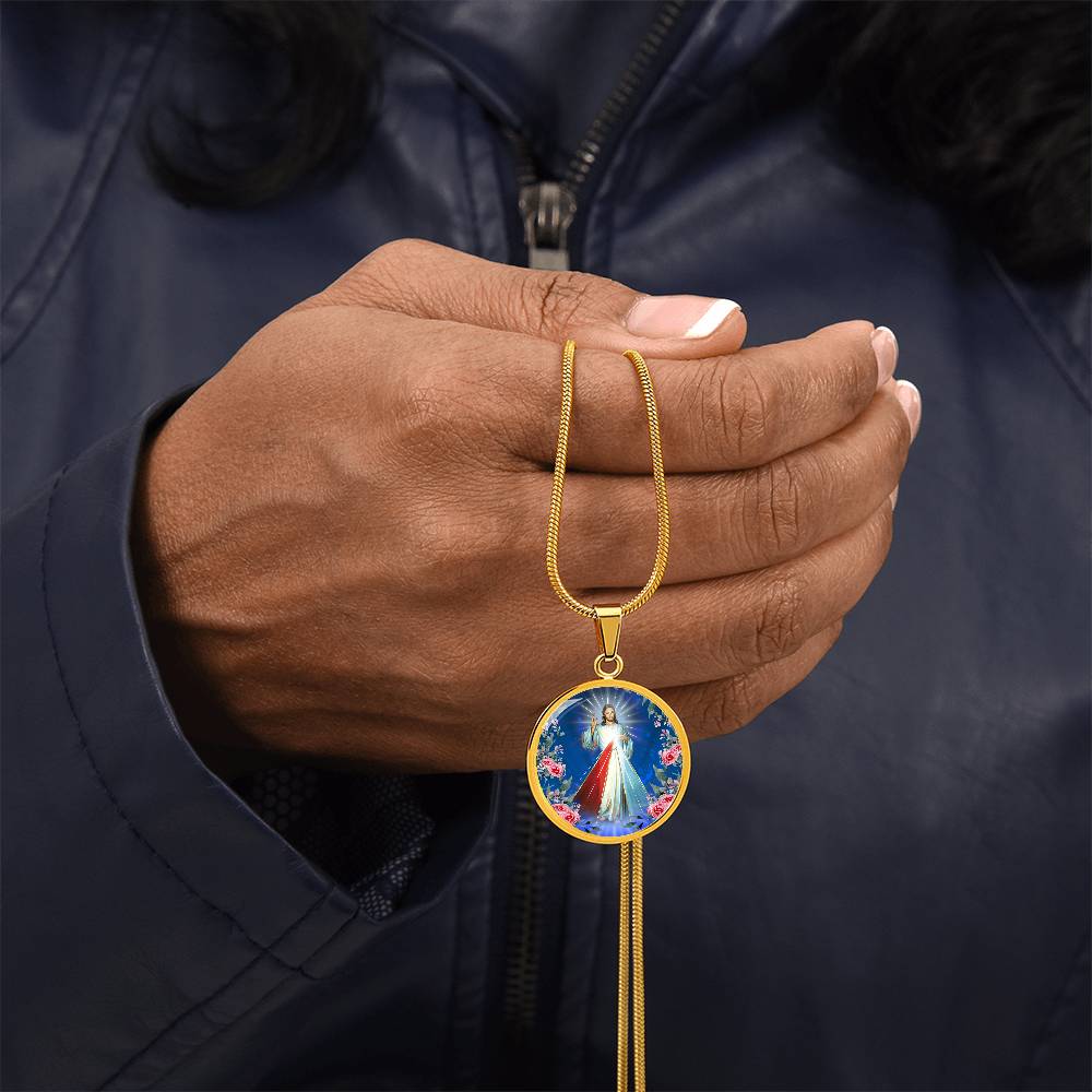 Divine Mercy Circle Pendant Necklace Premium Stainless Steel or 18k Gold Finish 18-22"