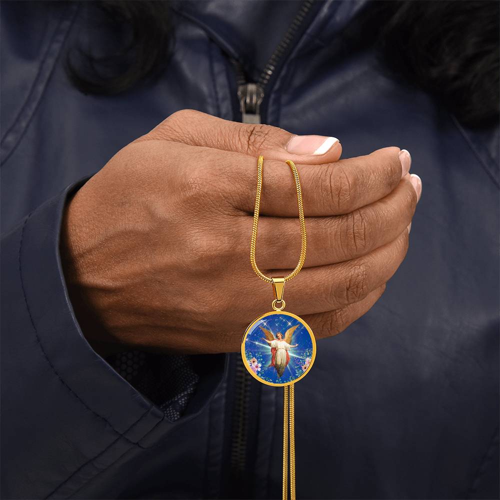 Guardian Angel Premium Circle Pendant Necklace with Adjustable 18-22" Chain in Stainless Steel or 18k Gold