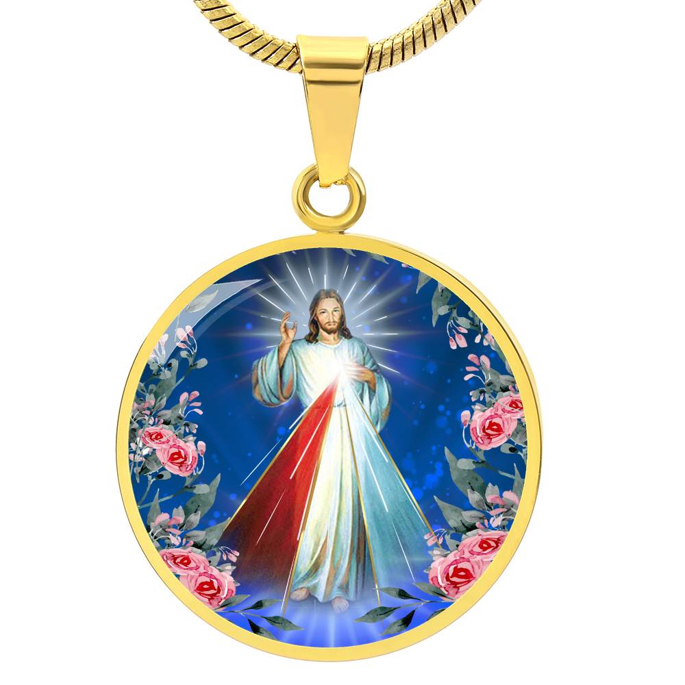Divine Mercy Circle Pendant Necklace Premium Stainless Steel or 18k Gold Finish 18-22"