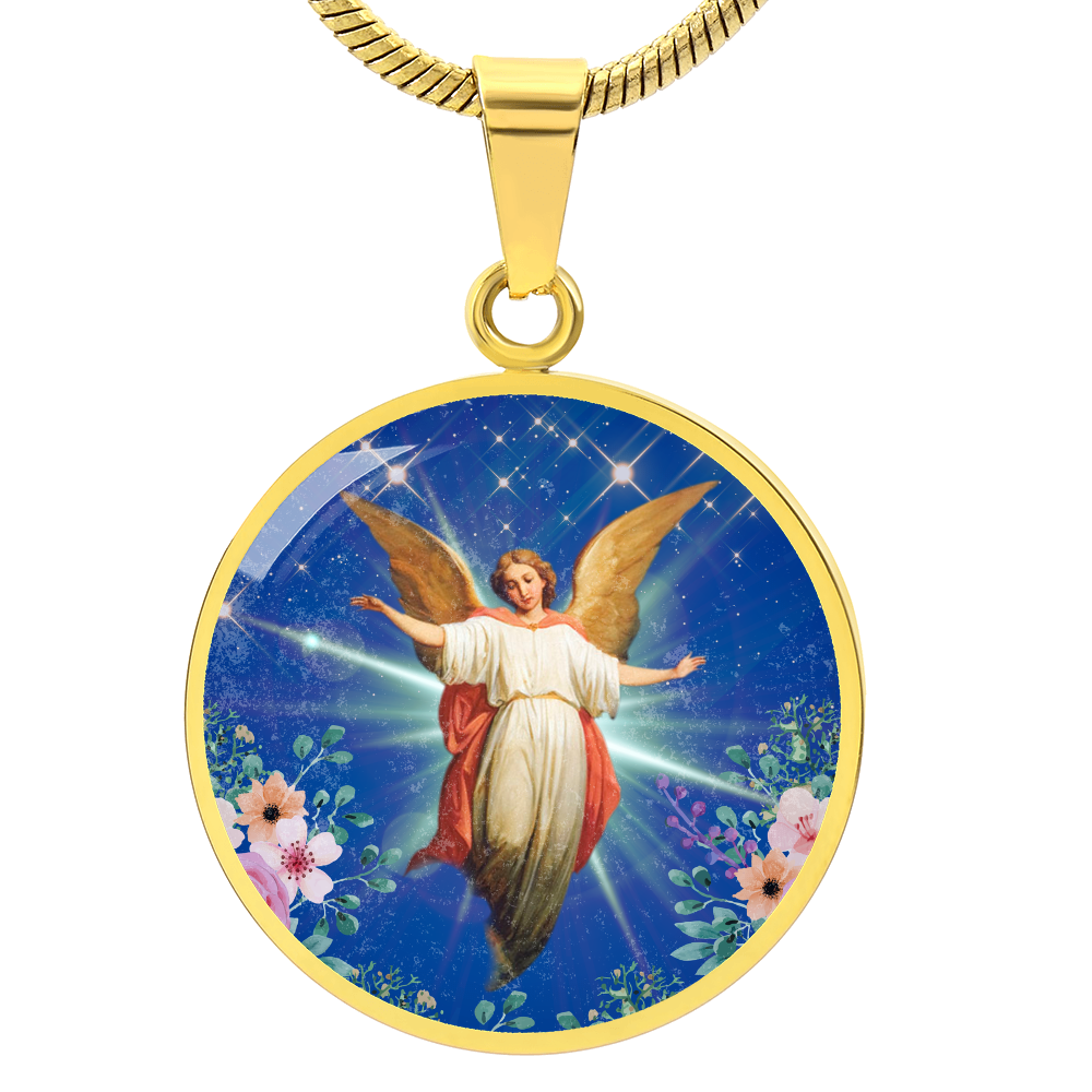 Guardian Angel Premium Circle Pendant Necklace with Adjustable 18-22" Chain in Stainless Steel or 18k Gold