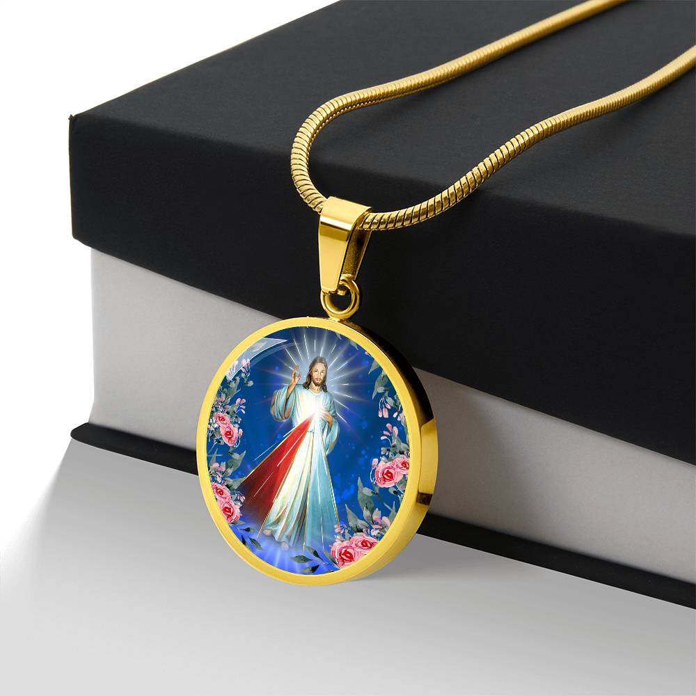 Divine Mercy Circle Pendant Necklace Premium Stainless Steel or 18k Gold Finish 18-22"