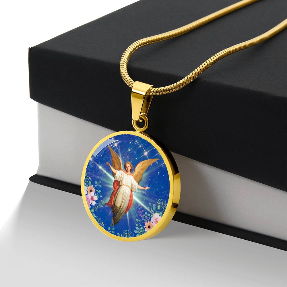 Guardian Angel Premium Circle Pendant Necklace with Adjustable 18-22" Chain in Stainless Steel or 18k Gold