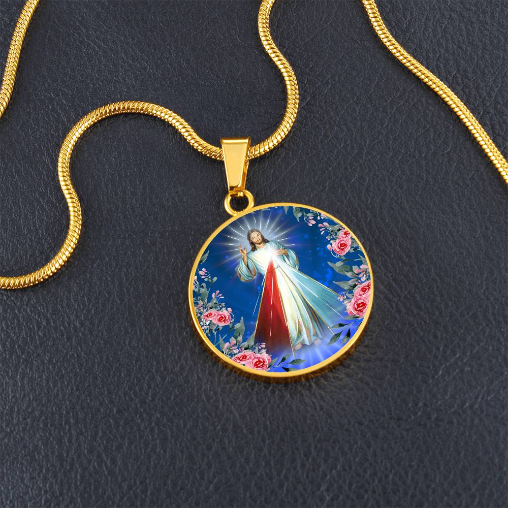 Divine Mercy Circle Pendant Necklace Premium Stainless Steel or 18k Gold Finish 18-22"