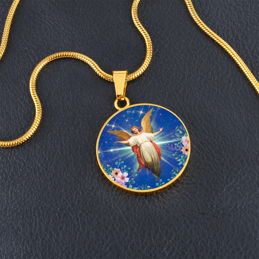 Guardian Angel Premium Circle Pendant Necklace with Adjustable 18-22" Chain in Stainless Steel or 18k Gold