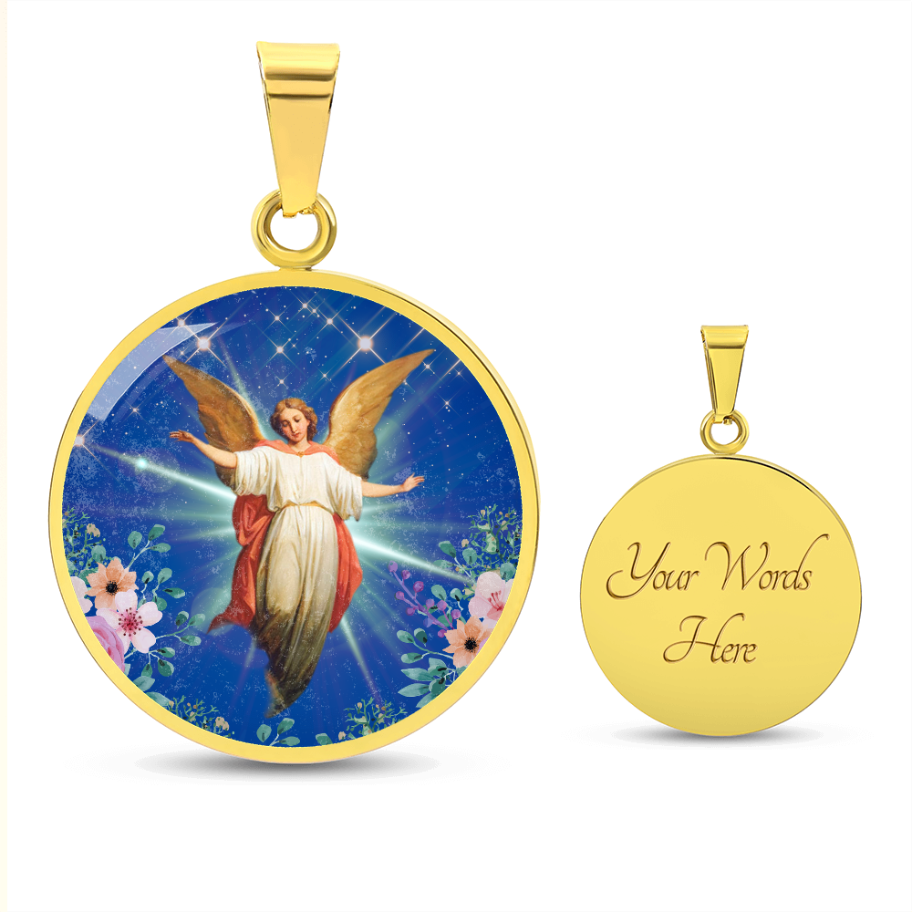 Guardian Angel Premium Circle Pendant Necklace with Adjustable 18-22" Chain in Stainless Steel or 18k Gold