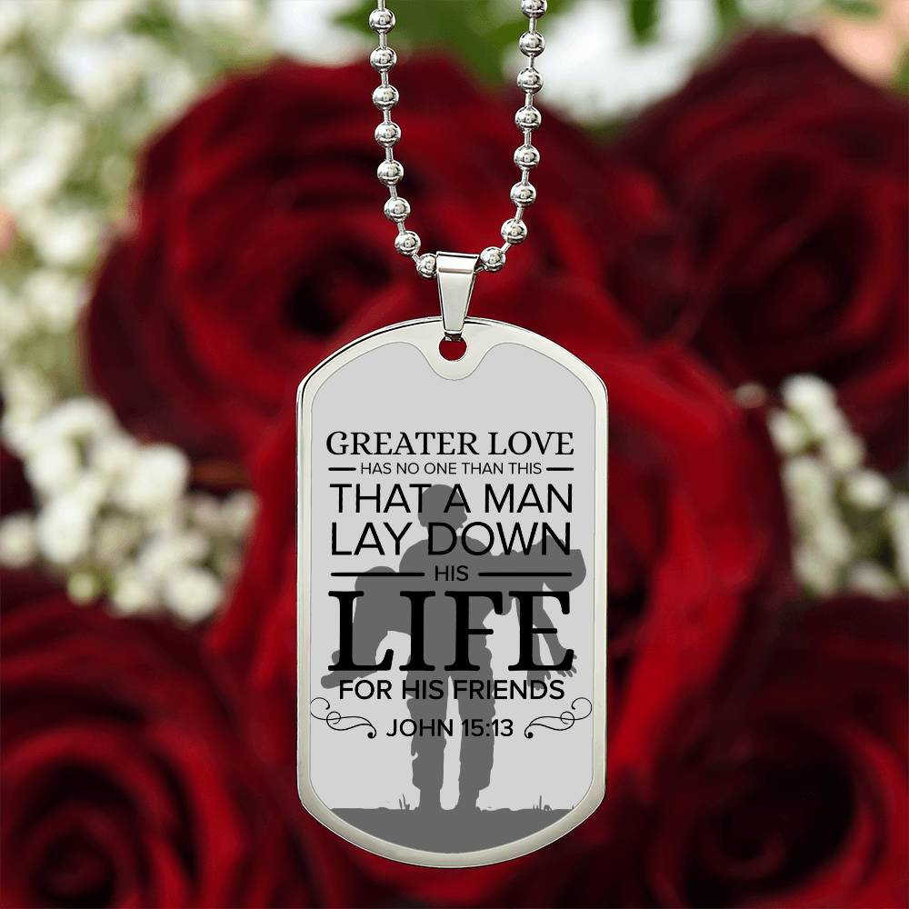 No Greater Love Soldier Premium Stainless Steel or 18k Gold Dog Tag Necklace with 24" Chain