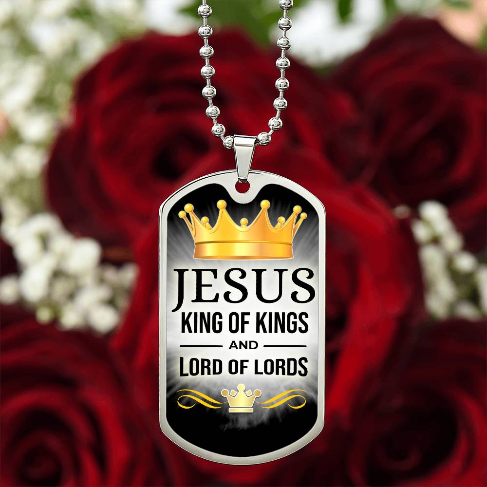 Jesus King Of Kings Premium Stainless Steel or 18k Gold Dog Tag Necklace with 24" Chain